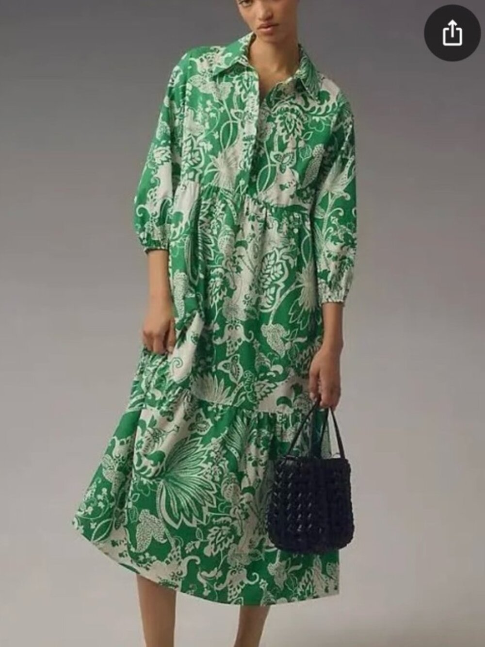 Anthropologie x Meave The Bettina Tiered Midi Shirt Dress in Green Size Small
